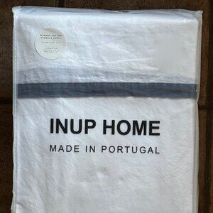 INUP HOME Portugal Washed Cotton Percale Gray/Blue Band Queen Size Sheet Set